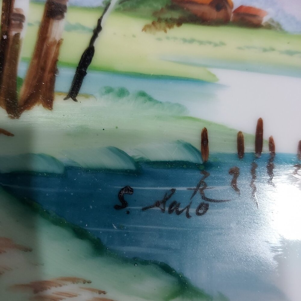Ucacgo Japan Porclian Plate Landscape Cabin Scene Hand Painted Signed Set Of 2 - Picture 7 of 12